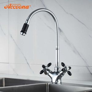 Accoona Keuken Kraan Massief Messing Water Tap Keukengootsteen Kranen Dubbele hendel en koud water Mixer Tap Crane A4882 210724