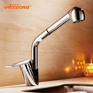 Accoona Grifos de cocina 360 Girar Extraer Placa de cerámica de un solo orificio Grifo de cocina contemporáneo Fregadero Agua fría / caliente A5410 T200423