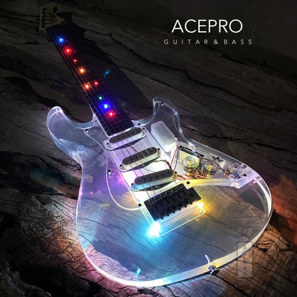 Acepro-Guitarra eléctrica de cuerpo acrílico, perillas de golpeador transparentes LED coloridas, 3 pastillas individuales, Guitarra de cuello de arce