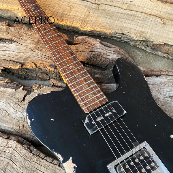 Acepro Ash Body Relic Guitarra eléctrica afinadores Grover incrustaciones de abulón P90 + pastillas Humbucker hechas a mano Color negro envejecido Guitarra