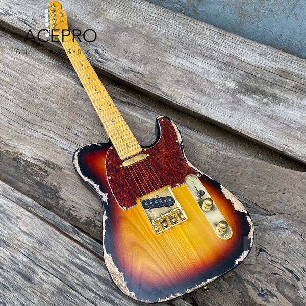 Acepro frêne corps relique guitare électrique Vintage Sunburst couleur érable cou incrustations d'ormeau or matériel fait à la main guitare vieillie