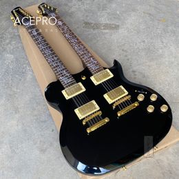 Acepro Black Double Neck Guitare électrique avec corps en tilleul Sculpté Top Abalone Incrustations de tige personnalisées Gold Hardware Guitarra