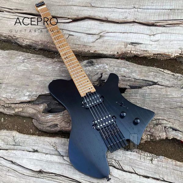 Acepro guitare électrique sans tête noir foncé 2 micros Humbucker corps en frêne manche en érable rôti frettes en acier inoxydable livraison gratuite