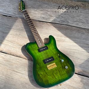 ACEPRO Elektrische gitaar Green Burst Spalted Maple Top Gold Hardware Locking Tuners P90 Pickups Abalone Dots Inlays Hoge kwaliteit