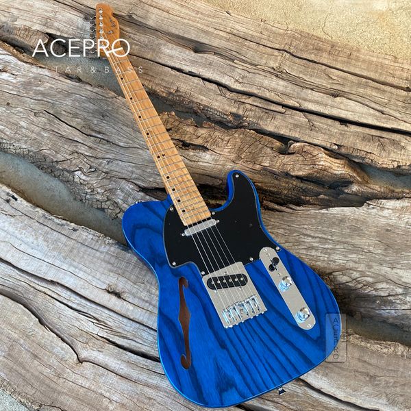 ACEPRO F-hole-guitarra eléctrica azul transparente, cuerpo de fresno sólido de 20mm, mástil de arce tostado, trastes de acero inoxidable, herrajes cromados