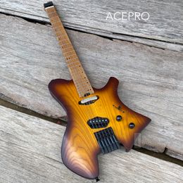 Acepro Headless Guitare Électrique Frettes En Acier Inoxydable Satin Vintage Sunburst Frêne Corps Érable Rôti Nec Noir Matériel