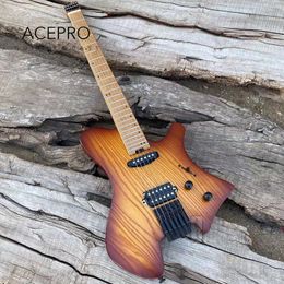 Acepro Headless Guitare Électrique Frettes En Acier Inoxydable Satin Brun Couleur Frêne Corps Rôti Érable Cou Noir Matériel Livraison Gratuite