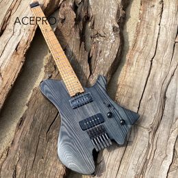 Acepro P90 micros guitare électrique sans tête couleur noir satiné corps en frêne manche en érable rôti frettes en acier inoxydable pont de qualité