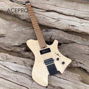 Acepro satin couleur naturelle dessus en érable flammé guitare électrique sans tête frettes en acier inoxydable manche en érable rôti matériel noir