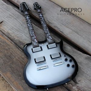 Acepro Silver Burst Color Double Neck Guitare électrique Corps en tilleul Sculpté Top Abalone Incrustations de tige personnalisées Matériel chromé