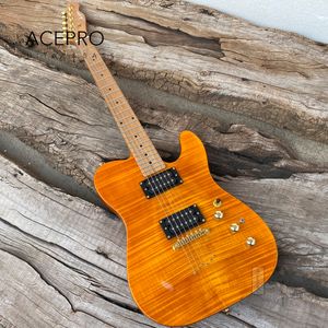 Acepro-Guitarra eléctrica de arce flameado amarillo, trastes de acero inoxidable, cuerpo de caoba de 2 piezas, cuello de arce asado, Hardware dorado