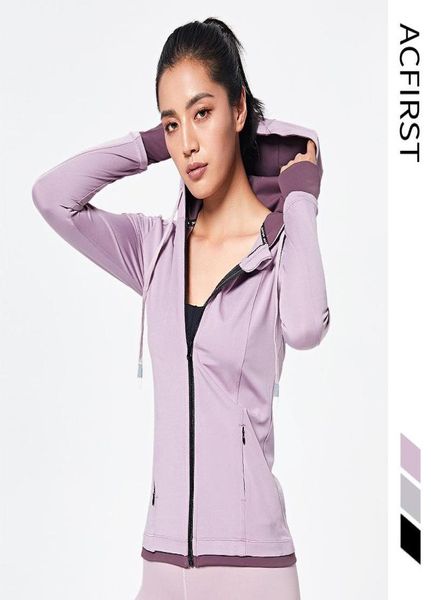 Acfirst Nuevo Negro Pruple Gris Mujeres Moda Abrigos deportivos Yoga Running Chaquetas Outwear Manga larga Cuello delgado con capucha Secado rápido 9811098