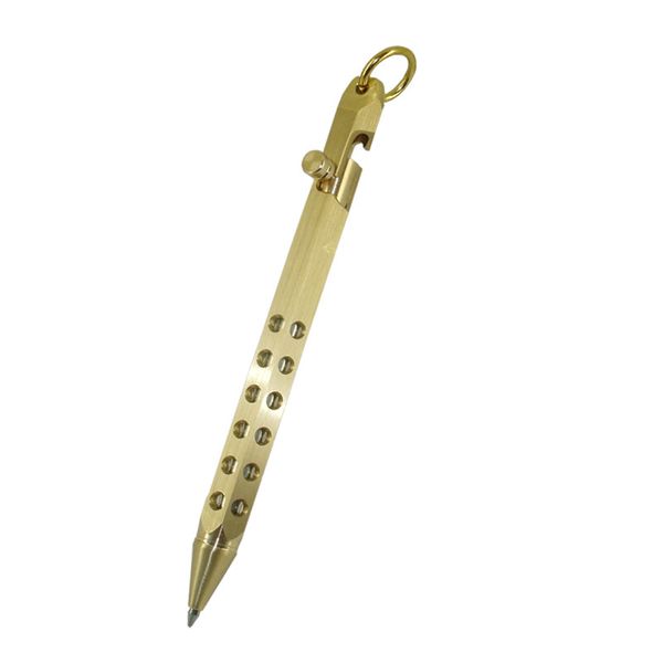 ACMECN stylo à bille tactique Hexagonal en cuivre avec porte-clés Mini Style pistolet trous conception stylo à bille en laiton massif pour cadeaux de Pâques