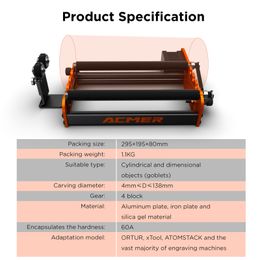 Acmer M2 láser rodillo rotativo láser grabador en el eje y rodillo rotativo 360 ° girando para 4-138 mm Diámetro de grabado diferente 4 engranajes