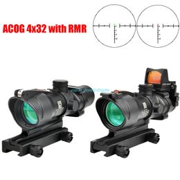 Trijicon ACOG 4X32 avec RMR Fibre Optique Réelle Point Rouge Vert Illuminé Chevron Verre Gravé Réticule Tactique Optique Portée Chasse Vue