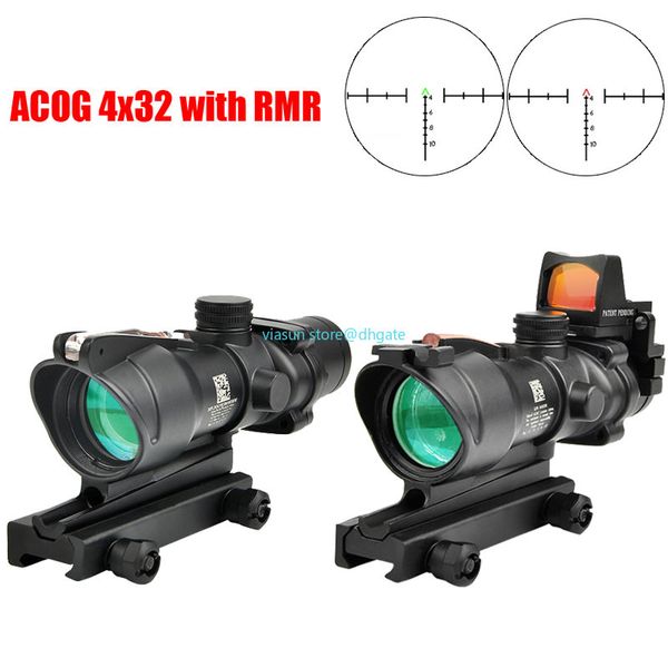 Trijicon ACOG 4X32 avec RMR Fibre Optique Réelle Point Rouge Vert Illuminé Chevron Verre Gravé Réticule Tactique Optique Portée Chasse Vue