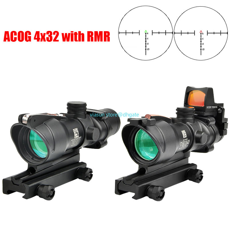 Trijicon ACOG 4X32 Med RMR Real Fiber Optics Röd Grön Prick Upplyst Chevron Glas Etsad Reticle Taktisk Optisk Scope Jaktsikte