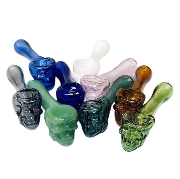 ACOOK Multi-Colores Skull Head Glass Pipes Skeleton Head bowl pipe Tubos de vidrio grueso para fumar Quemadores de aceite 9 colores disponibles