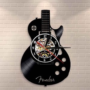 Akoestische gitaar Art Instrument Home Interieur Decor Vinyl Record Wandklok Rock N Roll Musical Gift 210325