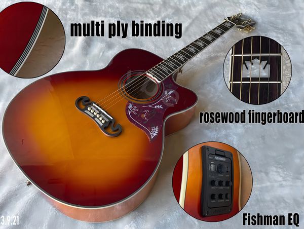 Guitare acoustique J200 Cherry Burst Rose Wood Forfard White Pearl INALY Multicouche reliure avec Fishman 3698