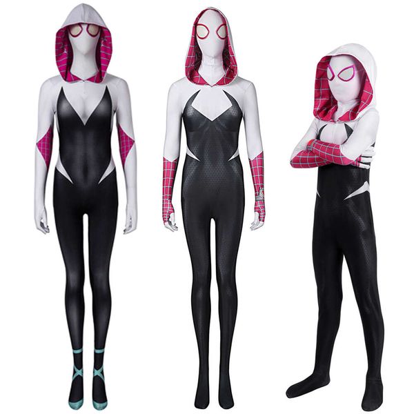 Costume de Cosplay Gwen à travers le vers d'araignée, combinaison, ensemble de masques, tenues pour femmes adultes et enfants, Costume de fête de carnaval d'halloween