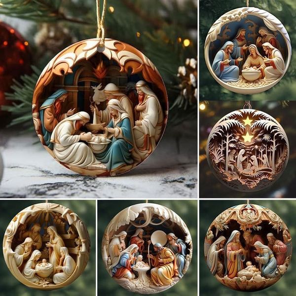 Acrílico Efecto 3D 2024 Natividad Decoraciones navideñas a granel Adornos colgantes navideños a granel Regalos religiosos para familiares, amigos y cristianos 6 estilos6 DHL