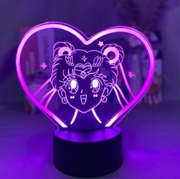 Acrílico 3D ilusión luz nocturna atmósfera mesita de noche lámpara LED Sailor Moon luz nocturna decoración del hogar fiesta regalo del día de San Valentín Anime Fans5775670