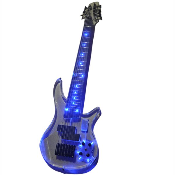 Corps acrylique 7 cordes guitare basse électrique avec une touche en palissandre à lumière LED bleue peut être personnalisée