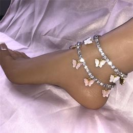 Acrylique Papillon Femmes Cheville Glacé Tennis Chaîne Jambe Bracelet Strass Argent Or Animal Pendentif Charms Mode Plage Feet2830