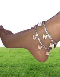 Acrylique papillon femmes bracelets de cheville glacé chaîne de tennis jambe bracelet strass argent or animal pendentif charmes mode plage pieds 7027343
