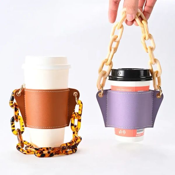 Acrylique Chaîne Portable Tasse À Café Couverture Party Favor Amovible En Cuir Lait Bouteille Titulaire NOUVEAU