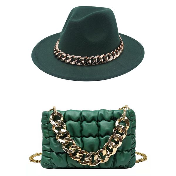 Chapeau haut-de-forme en chaîne acrylique, couleur unie, à large bord, Jazz Fedora, casquette en feutre de Style britannique pour femmes, chapeaux d'église de fête élégants + sac à main