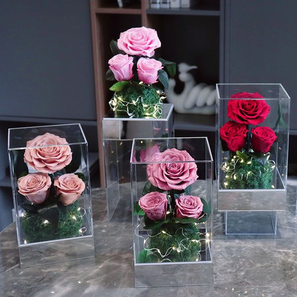 Regalo de portada de acrílico tres rosas eternas de flores de rosa decoración de decoración espejo luces LED luces de San Valentín regalo de Navidad