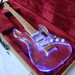 Guitarra eléctrica LED de cristal acrílico/guitarra eléctrica de plexiglás transparente/cuerpo con LED azul/guitarra ST de 6 cuerdas/clavijero TL