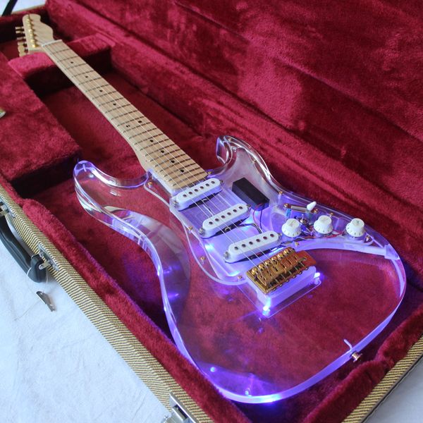 Guitare électrique LED en cristal acrylique/guitare électrique en plexiglas transparent/corps avec LED bleue/guitare ST 6 cordes/tête TL
