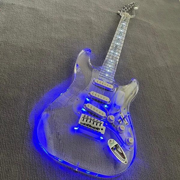 Guitarra eléctrica acrílica, luz LED, garantía de calidad profesional de color metálico