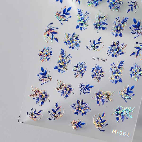 Autocollant à ongles gravés en acrylique Holographi Blue Flowers Gold Line Selfadhesive Transfert Sliders Wrapures Manucures Foils Z0661 240430