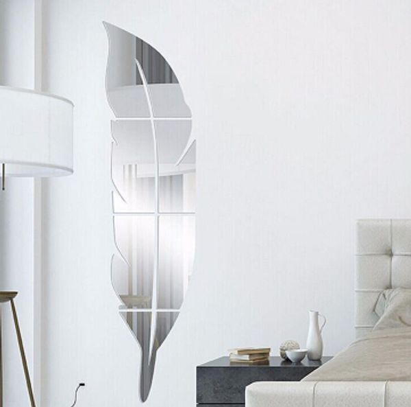 Acrylique Plume Miroir Autocollant 3D Art Amovible Stickers Muraux Creative DIY Dressing Decal Chambre Salon Décoration