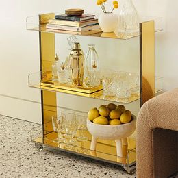 Acryl gouden spiegel 3-laags rollende kar Acryl meubilair Modern design bijzettafel Heldere tafel met wielen Rollende opbergwagen Acryl nachtkastje (28" L X 14" B X 31" H)