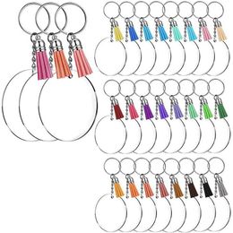 Acryl sleutelhanger blanco's, 2 inch ronde clear sleutelhangers voor vinyl met kwast hanger en metalen split sleutelhanger ringen H0915