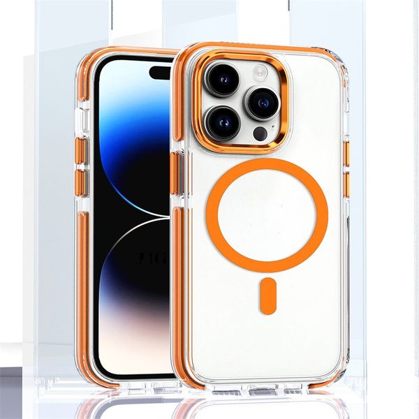 Étui de téléphone à amortissement transparent magnétique en acrylique pour iPhone 15 14 13 12 11 Pro Max xr x 2 en 1 couleurs avec package de vente au détail OEM de haute qualité