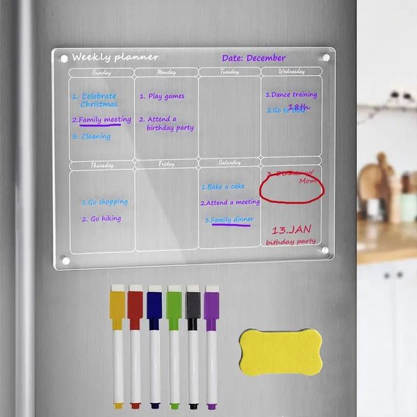 Calendario semanal magnético acrílico para nevera con 6 marcadores de borrado en seco y borrador, planificador semanal transparente de 16.0 x 12.0 in para nevera incluye 6 marcadores de colores