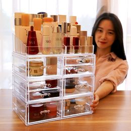 Acrylic Makeup Organizer Jewelry Storage Box Cosmetics Jewelry Display Plastic Box Transparent Drawer Powder Storage Lipstick Y200628