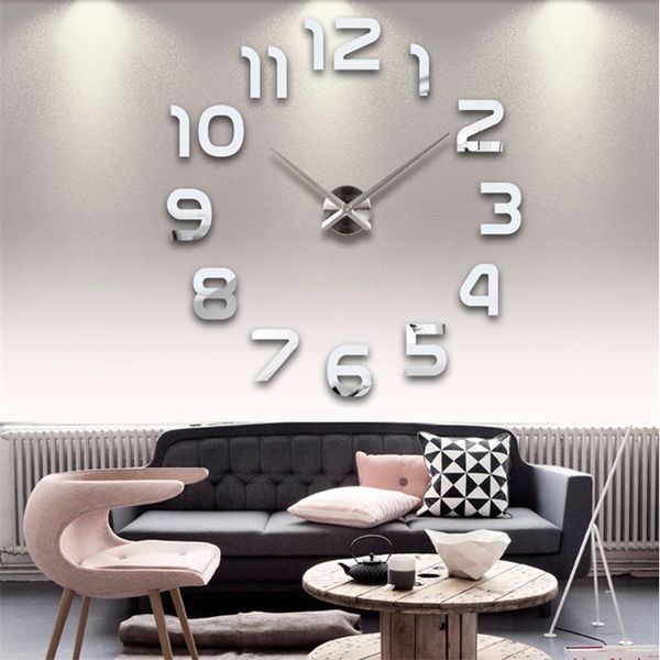 Miroir acrylique bricolage horloge murale montre 3d autocollants grandes horloges à Quartz décoratives Design moderne 220426