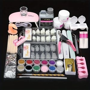 Kit à ongles en acrylique avec lampe à ongles UV pour les débutants, 3 couleurs en poudre acrylique et monomère