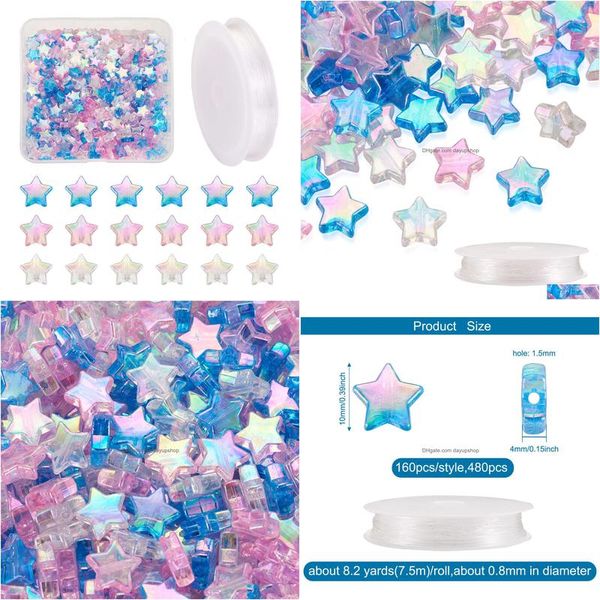 Acrílico plástico Lucite 480 unids estrella cuentas transparentes con cordón de cristal elástico transparente para bricolaje día de los niños pulsera de estiramiento joyería ma dhw7o