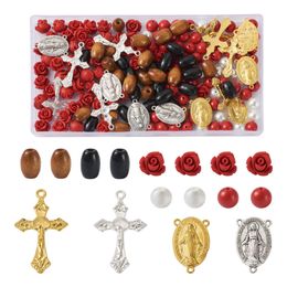 Acryl Plastic Lucite Cross Rozenkrans Ketting Maken Kit met Cinnabar Rose Bead Wood Bead Glass Pearl Bead Oval Center Link Connectors Charm DIY Supply 230809