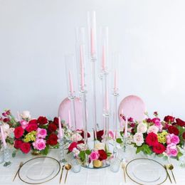 plásticos acrílicos o candelabra cristalina de vidrio para mesa de bodas con candelabro soporte de vela de 8 brazos para la decoración del evento del partido