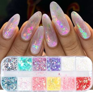 Acrylic Powders Liquids 12 Grids 3D Flakes Aurora Nail Glitter Chunky Sequins Holographic Opal Powder For Manicure Nails Accessories 231121