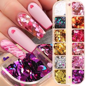 Acrylpoeders Vloeistoffen 12 rasters Liefdeshart Nagelglitter Pailletten Holovlokken Glanzend Iriserend Lasermix Jaar Paillette Valentijn BERX04 231121